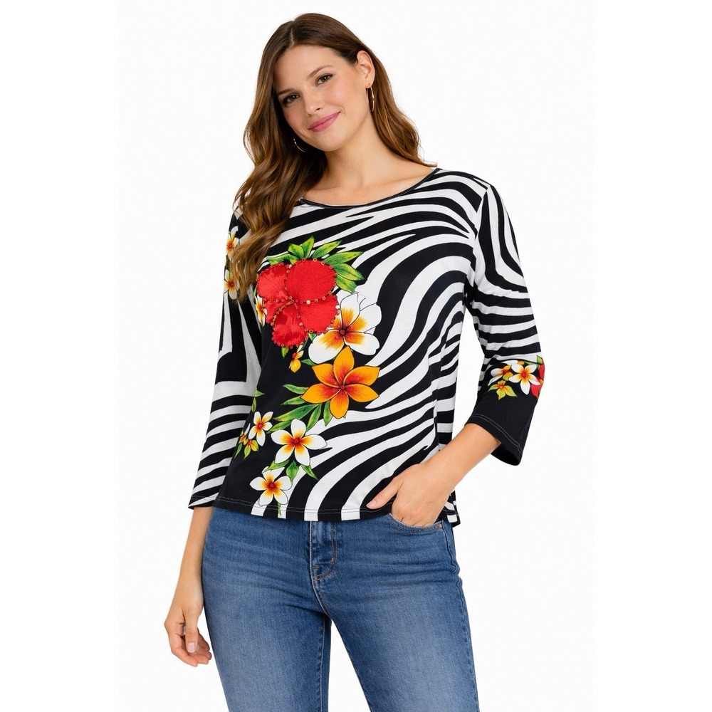 Jane Ashley Women's Zebra Floral Beaded Top 3/4 Sleeve Black‎ White Small